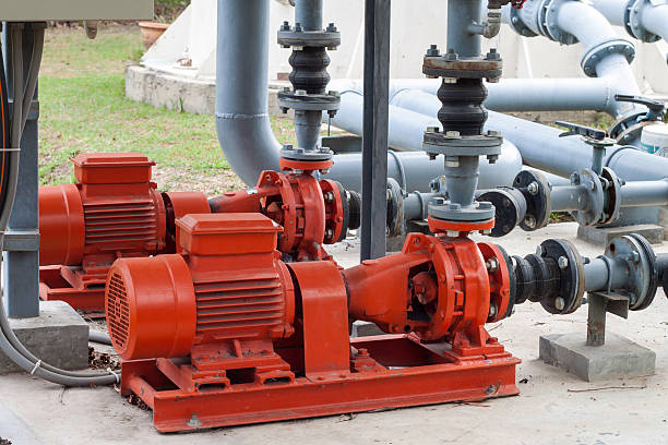 red motor water pump and water pipes